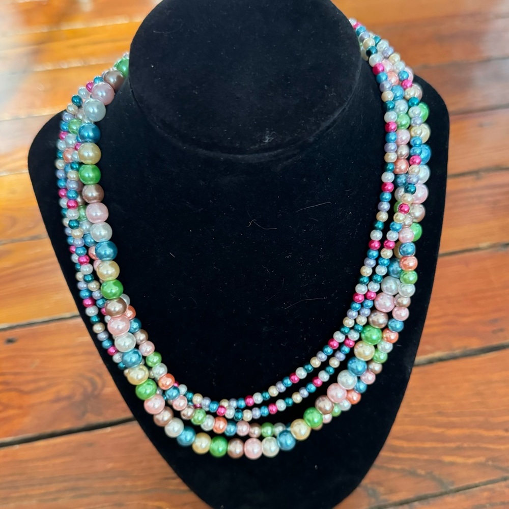 Five Stranded Multicolor Pastel & Bright Pearl Bead Necklace NWT